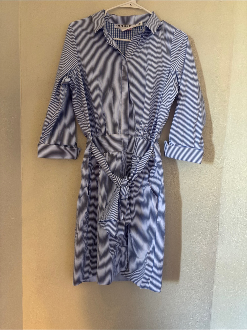 Gretchen Scott Designs Blue and White Striped Dress with Waist Tie